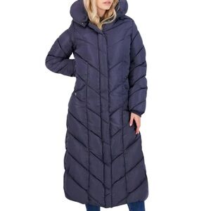 Steve Madden Black Chevron Quilted Puffer Hooded Maxi Coat Size S/P